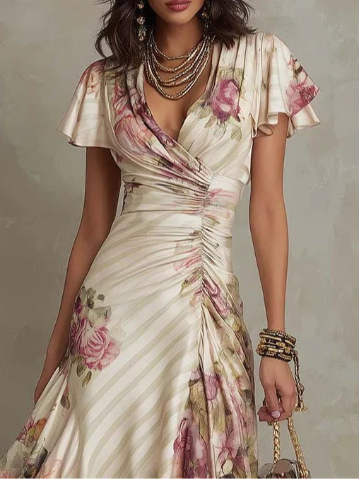 Alba | Abito midi a portafoglio arricciato con elegante stampa floreale