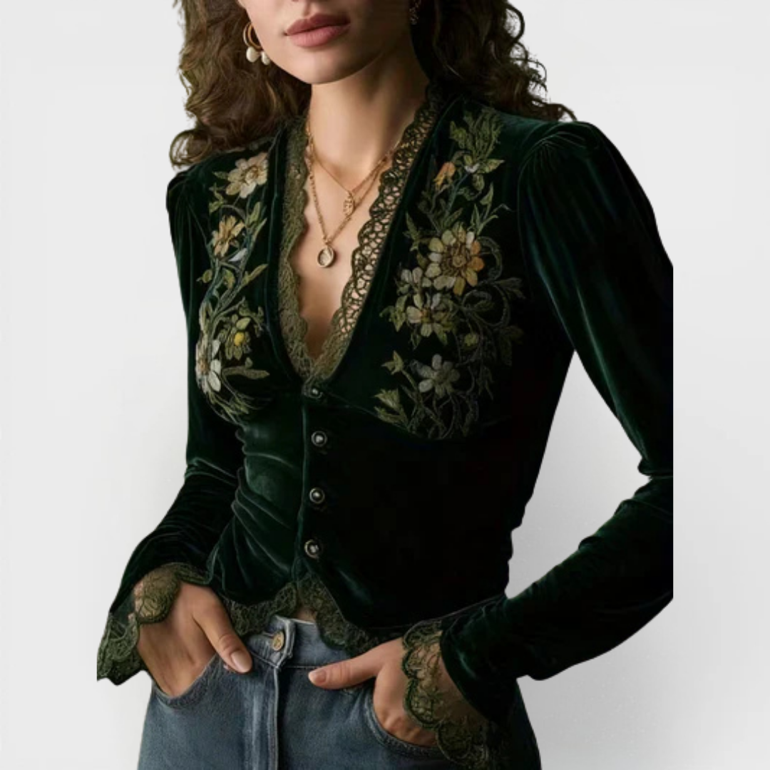 Nora | Blusa in Velluto a Maniche Lunghe con Fiori Ricamati