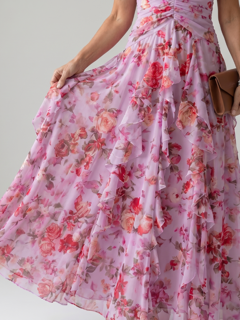 Nori | Abito Maxi Florale con Scollo Halter e Corpino Arricciato