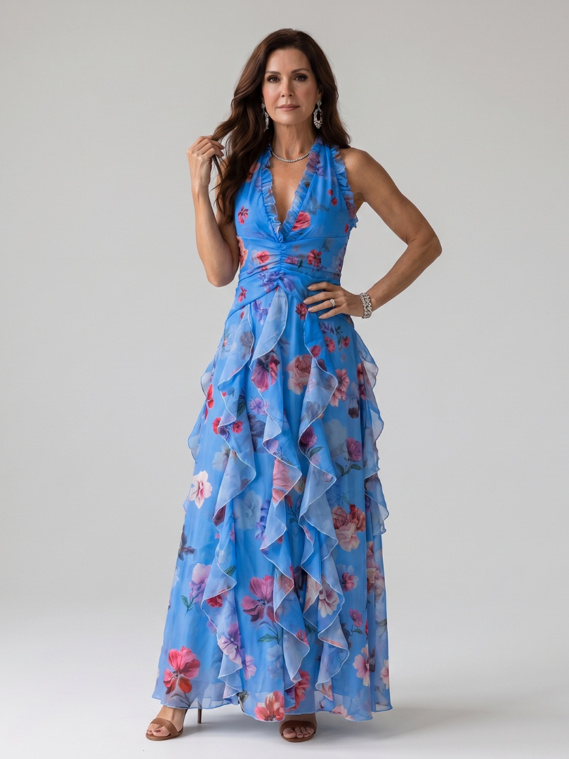 Nori | Abito Maxi Florale con Scollo Halter e Corpino Arricciato