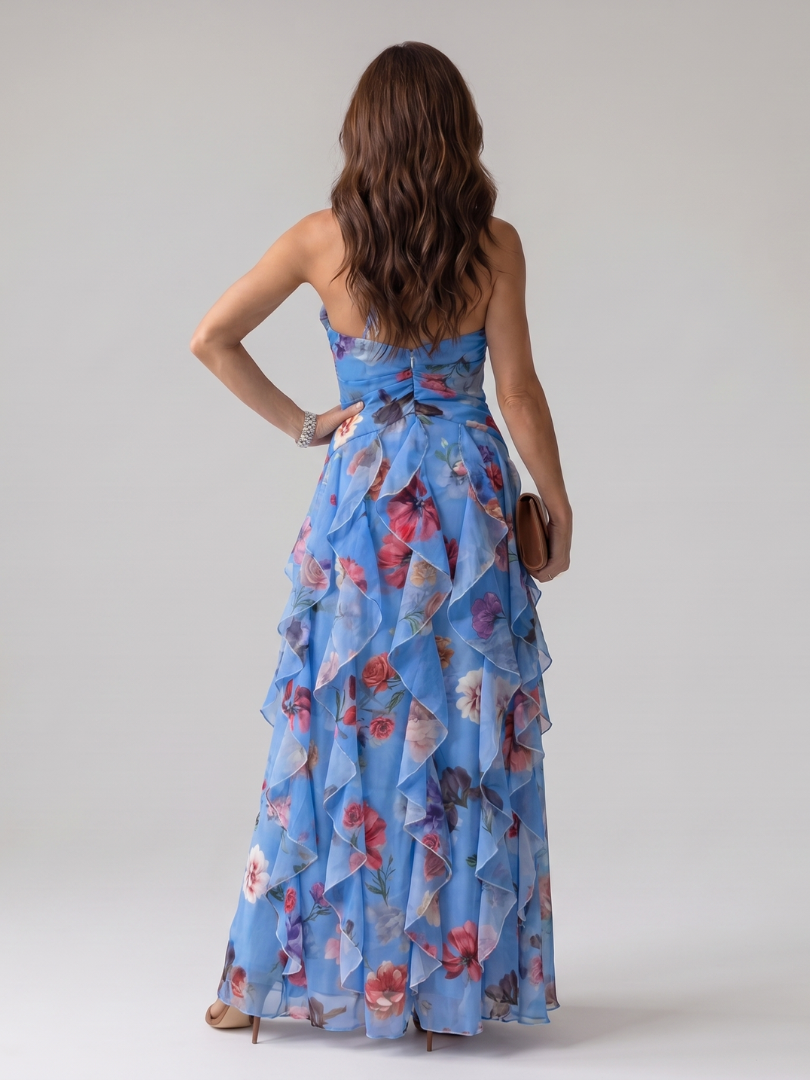 Nori | Abito Maxi Florale con Scollo Halter e Corpino Arricciato