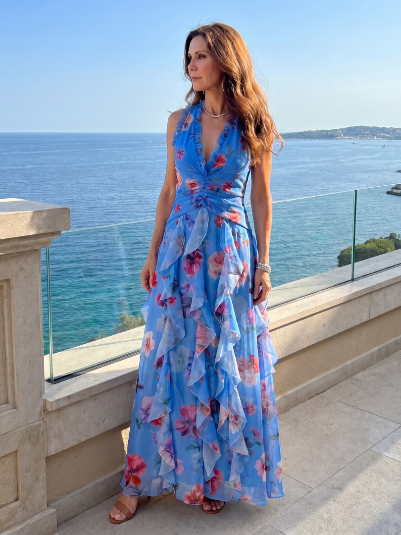 Nori | Abito Maxi Florale con Scollo Halter e Corpino Arricciato