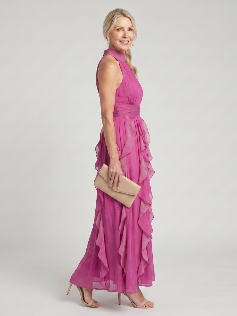 Orea | Abito Maxi con Collo Alto e Righe Arricciate