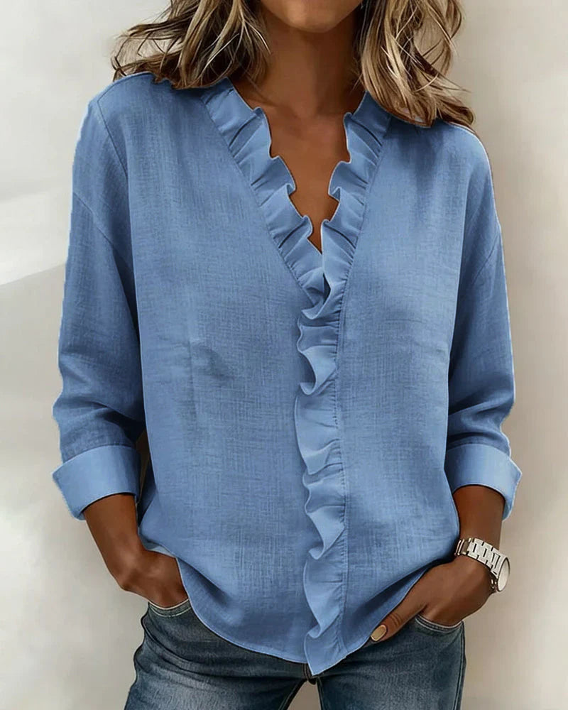 Susan | Blusa con Volant, Scollatura a V e Maniche Lunghe