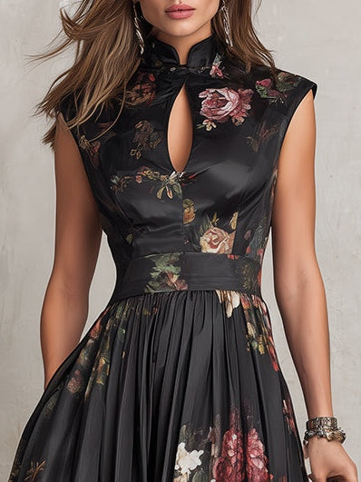 Violette | Abito midi in satin plissettato nero con stampa floreale e scollatura a goccia