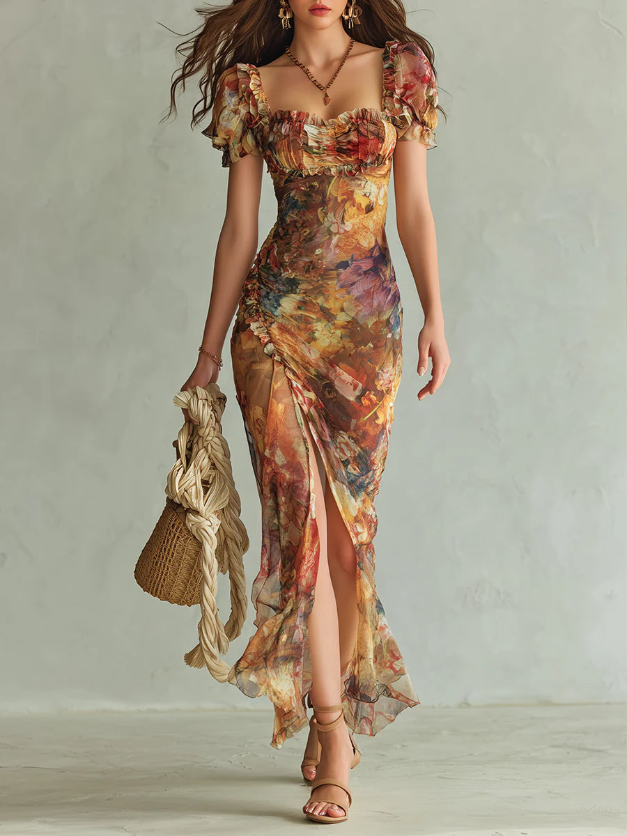 Violette | Abito maxi in chiffon arancione con stampa a olio stile bohémien