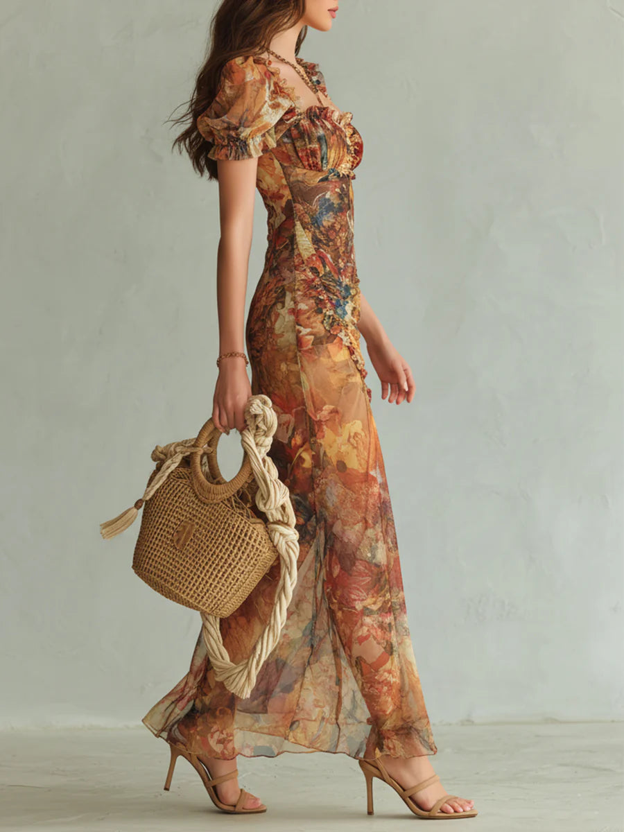 Violette | Abito maxi in chiffon arancione con stampa a olio stile bohémien