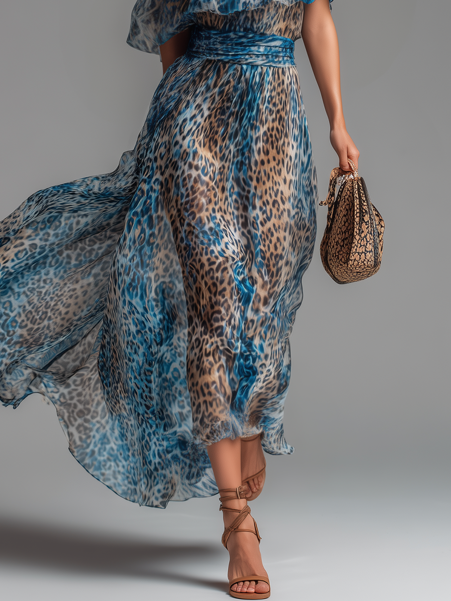 Sauvage | Abito lungo in mussola con stampa leopardata e spalle scoperte
