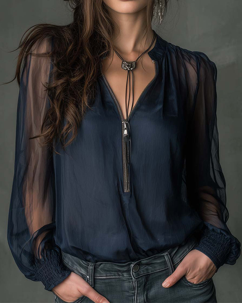 Helen | Blusa a Mezzo Zip Manica Lunga in Maglia