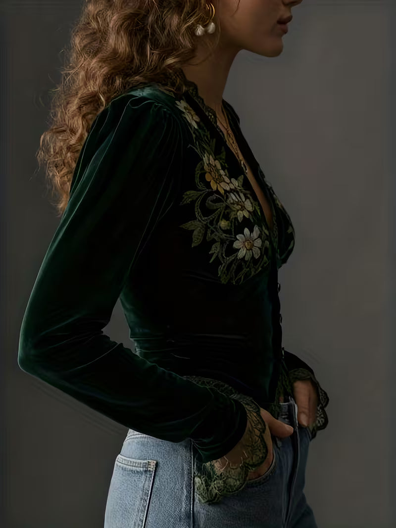 Nora  | Blusa in Velluto a Maniche Lunghe con Fiori Ricamati