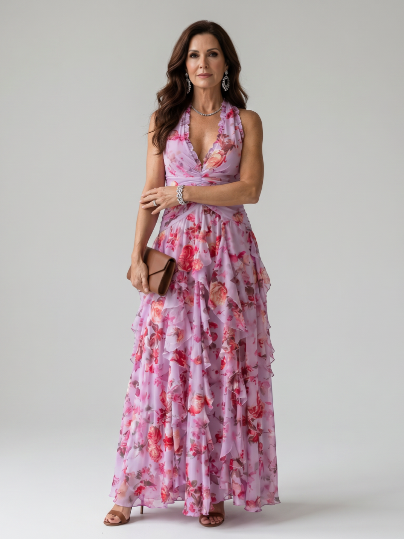 Nori | Abito Maxi Florale con Scollo Halter e Corpino Arricciato