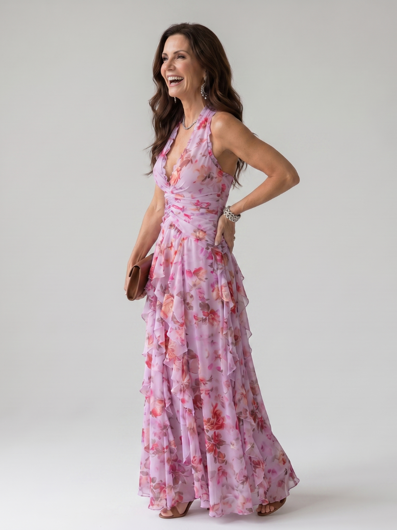 Nori | Abito Maxi Florale con Scollo Halter e Corpino Arricciato