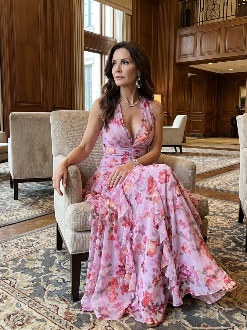 Nori | Abito Maxi Florale con Scollo Halter e Corpino Arricciato