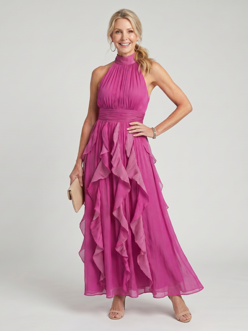 Orea | Abito Maxi con Collo Alto e Righe Arricciate