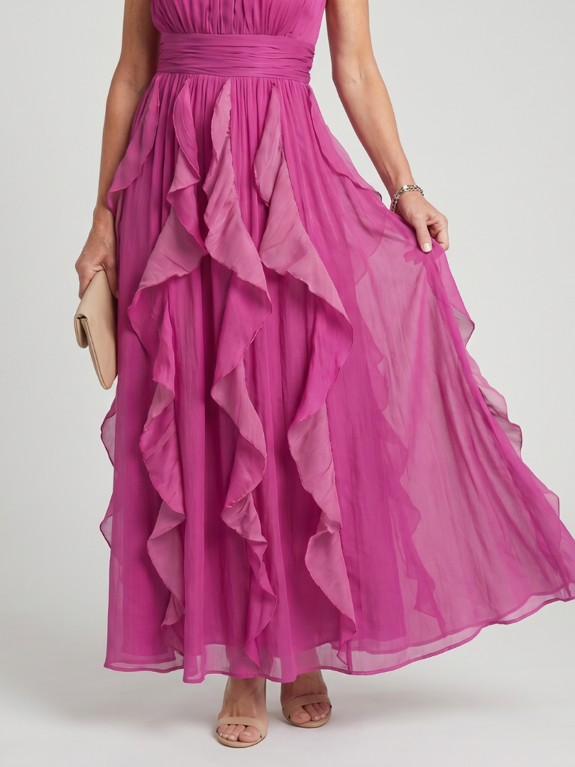 Orea | Abito Maxi con Collo Alto e Righe Arricciate