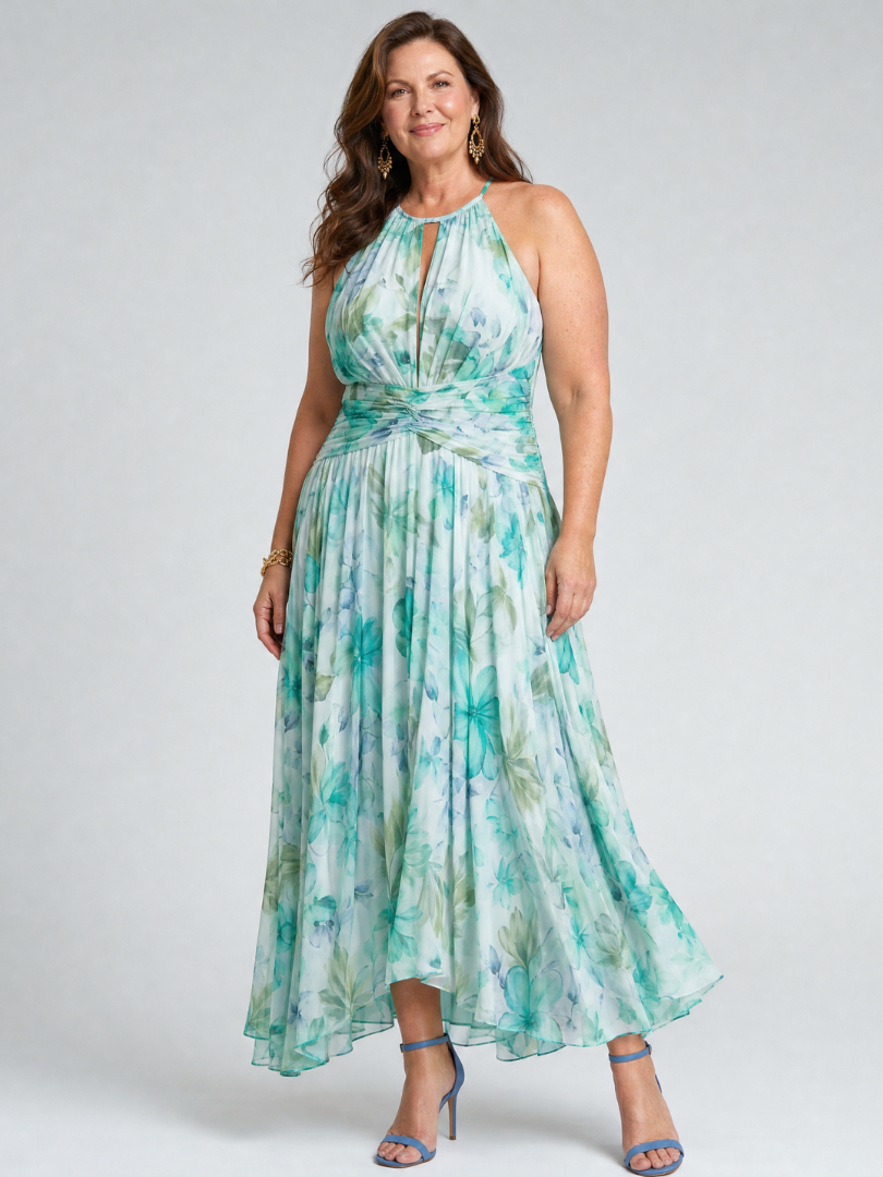 Portia | Abito midi a fascia con motivo floreale plissettato