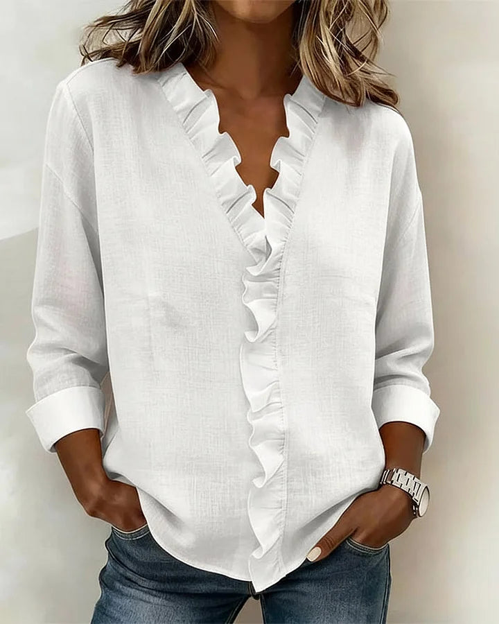 Susan | Blusa con Volant, Scollatura a V e Maniche Lunghe