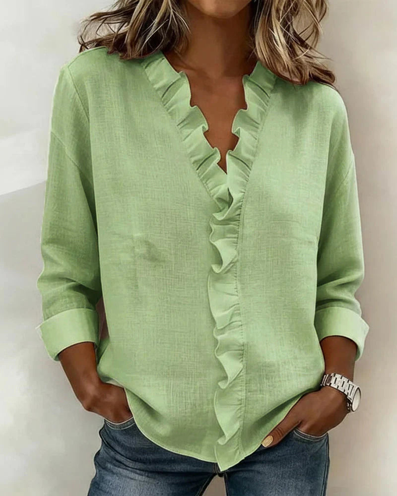 Susan | Blusa con Volant, Scollatura a V e Maniche Lunghe