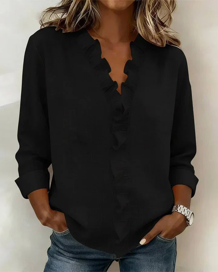 Susan | Blusa con Volant, Scollatura a V e Maniche Lunghe