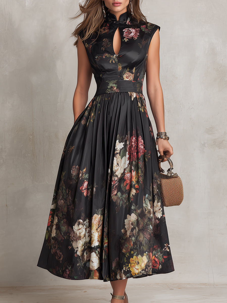 Violette | Abito midi in satin plissettato nero con stampa floreale e scollatura a goccia