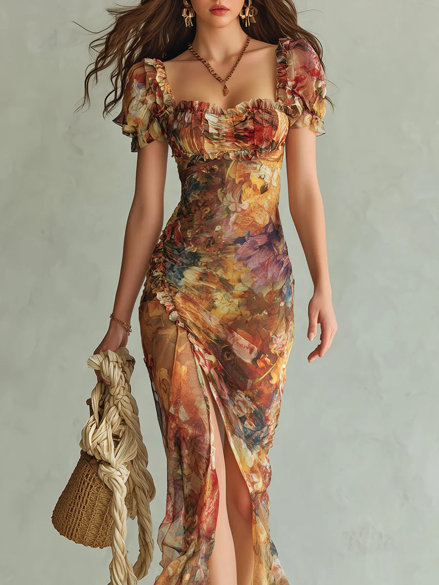 Violette | Abito maxi in chiffon arancione con stampa a olio stile bohémien
