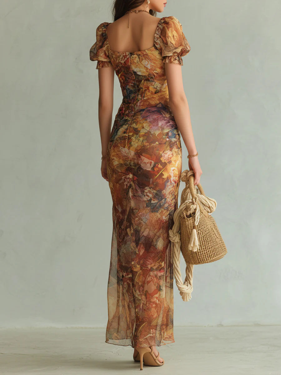 Violette | Abito maxi in chiffon arancione con stampa a olio stile bohémien