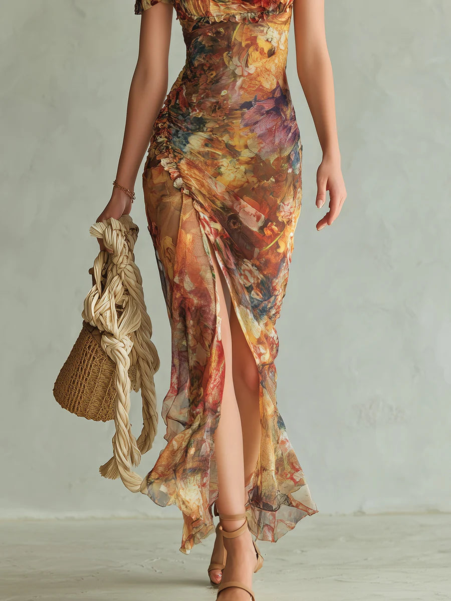 Violette | Abito maxi in chiffon arancione con stampa a olio stile bohémien