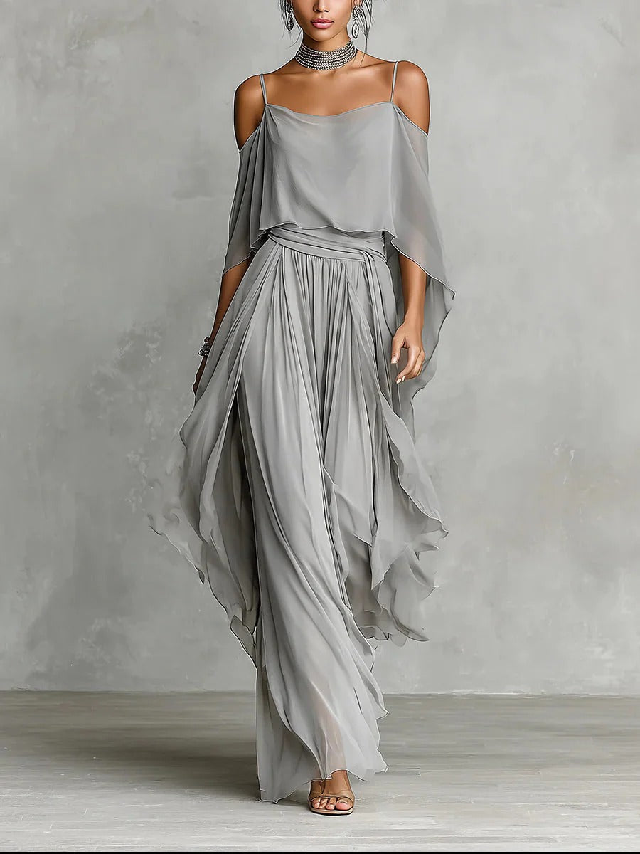 Isabelle | Completo fluido grigio con top a spalline sottili e pantaloni leggeri